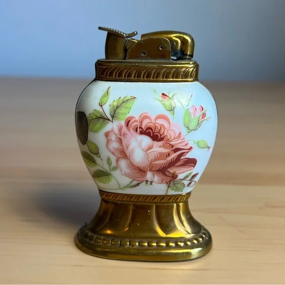 Vintage Evans Table Lighter Porcelain Base Rose Marked USA - Picture 3 of 10